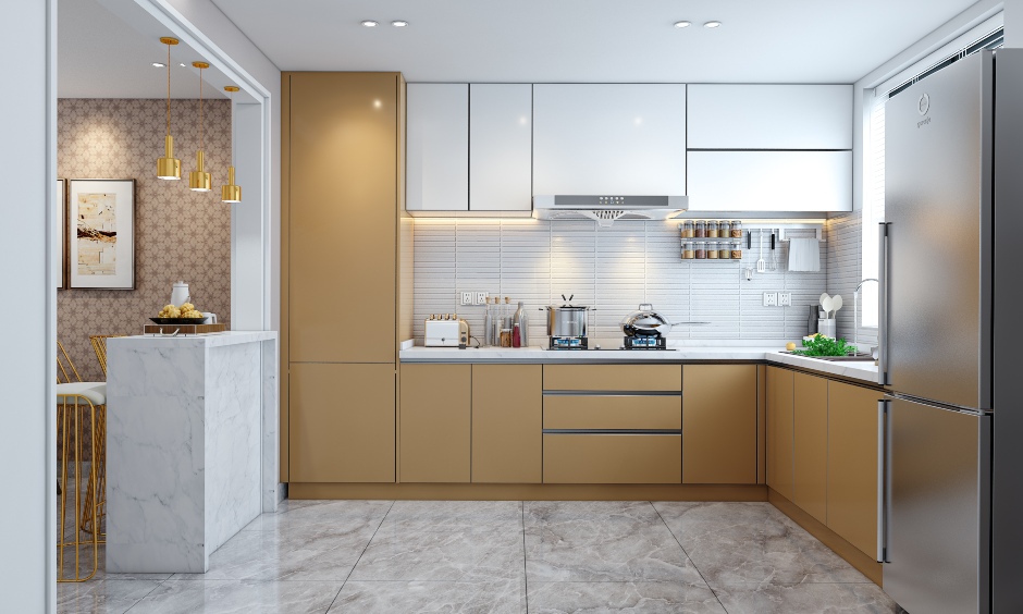 A Sleek U Shaped Kitchen Design With A Marble Countertop - DesignCafe
