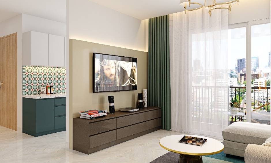 An Elegant Living Room With A Modern Wooden TV Unit - DesignCafe