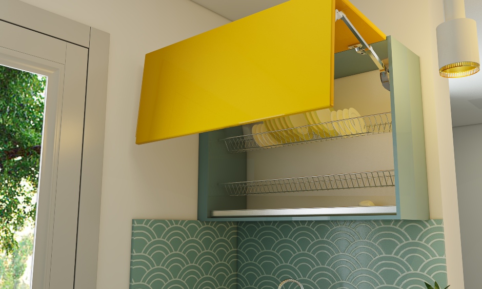 Parallel shaped kitchen design in dual color with bi-fold lift up shutter