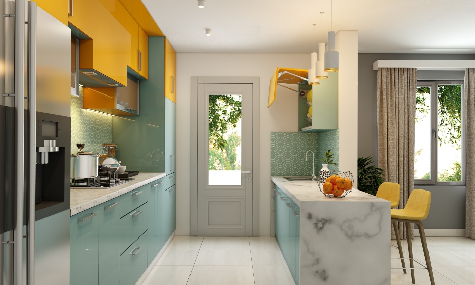 Parallel shaped kitchen design in yellow and turquoise