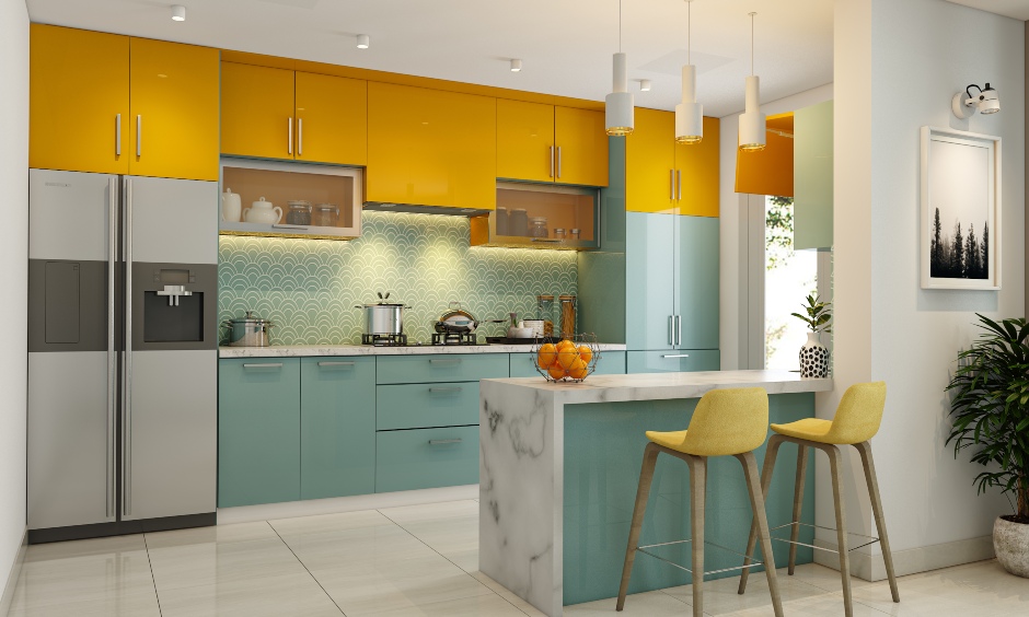 Parallel shaped modular kitchen in yellow and turquoise with breakfast countertop