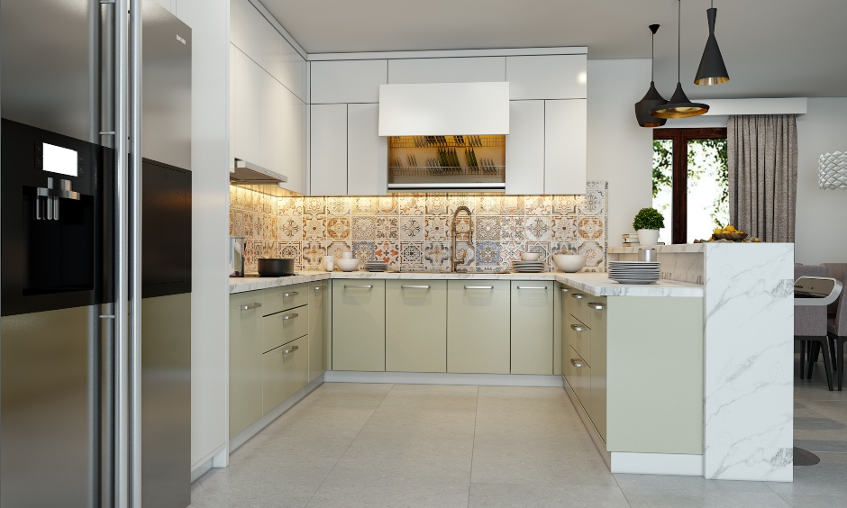 An Elegant G Shaped Kitchen In White And Pastel Green - DesignCafe