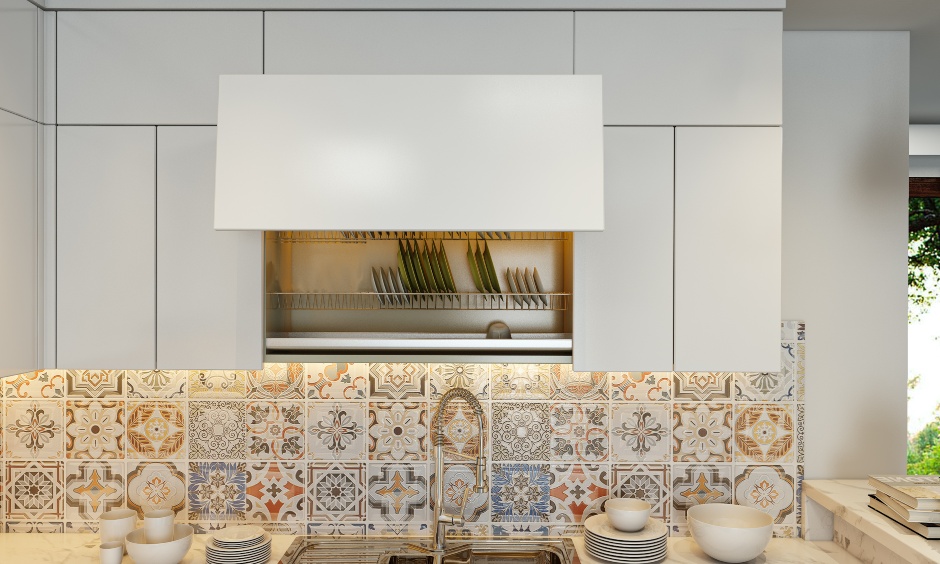 An Elegant G Shaped Kitchen In White And Pastel Green - DesignCafe