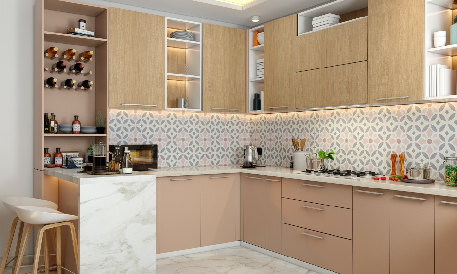 G shaped kitchen design with open wine rack