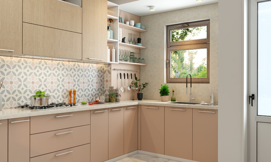 G shaped kitchen design with pink and white colour scheme