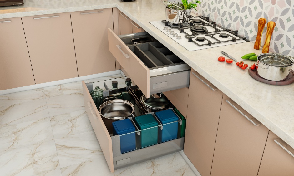 G shaped modular kitchen with drawer with in-built cutlery organiser