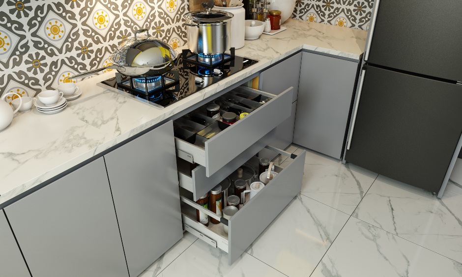 A Yellow And Grey G-Shaped Kitchen With A Tiled Backsplash - DesignCafe