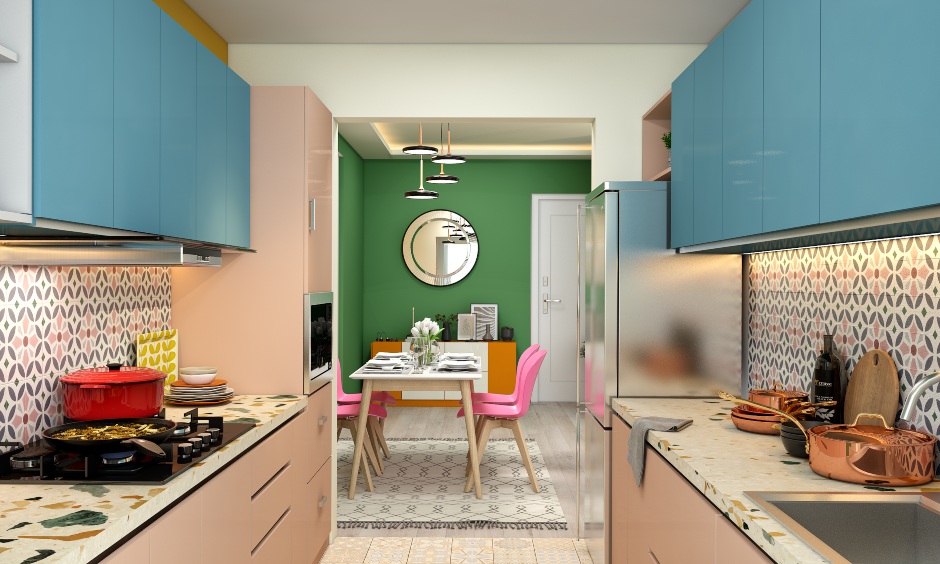 A Pretty Kitchen Design In Pink And Blue - DesignCafe
