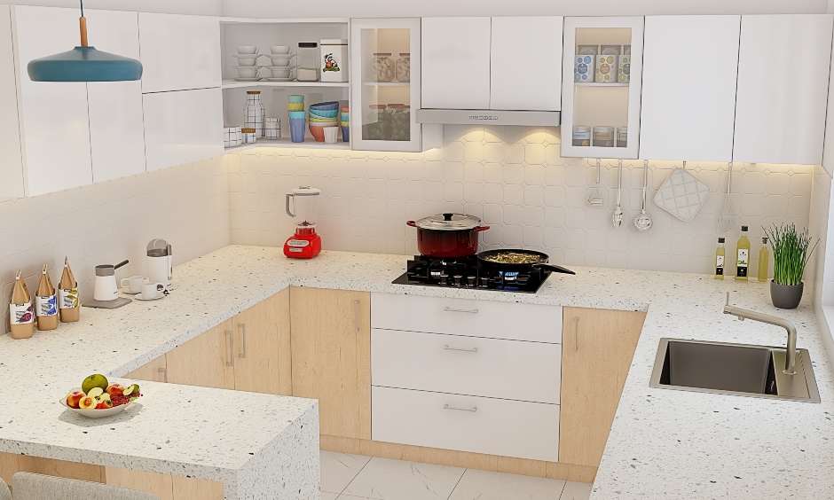 A G Shaped Kitchen With A White And Wooden Finish - DesignCafe