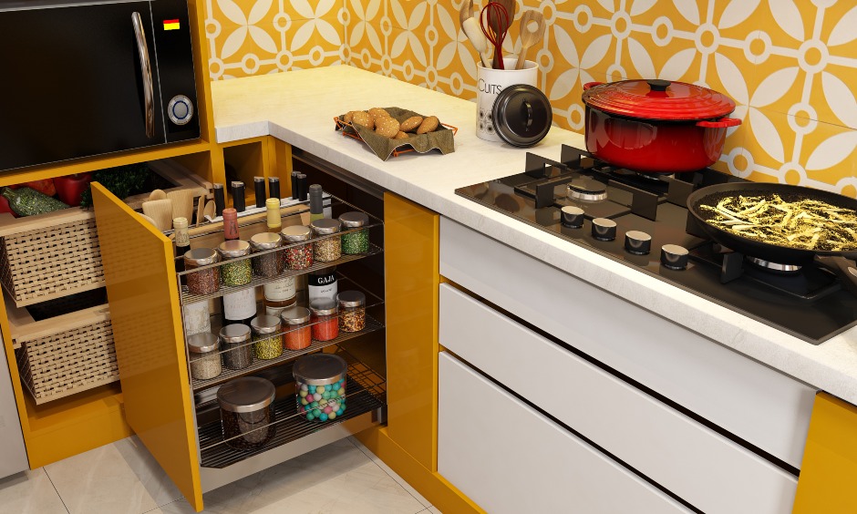 Modular kitchen images in orange with pantry pullout to organise bottles
