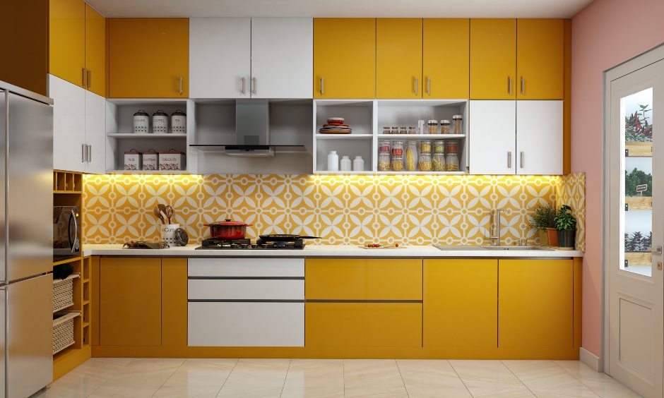 Vibrant modular kitchen design in orange and white