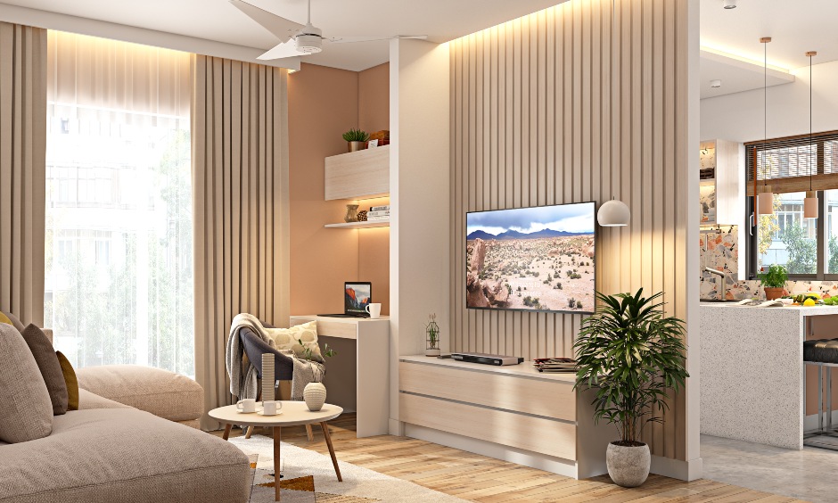 A Living Area With A Simple and Classy TV Unit And An Attached Study ...