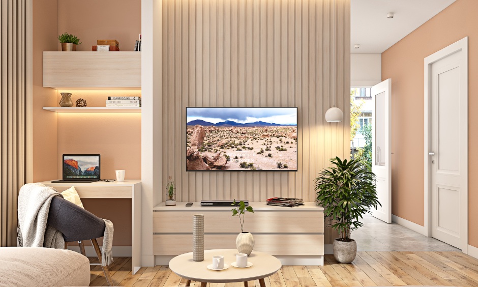 A Living Area With A Simple and Classy TV Unit And An Attached Study ...