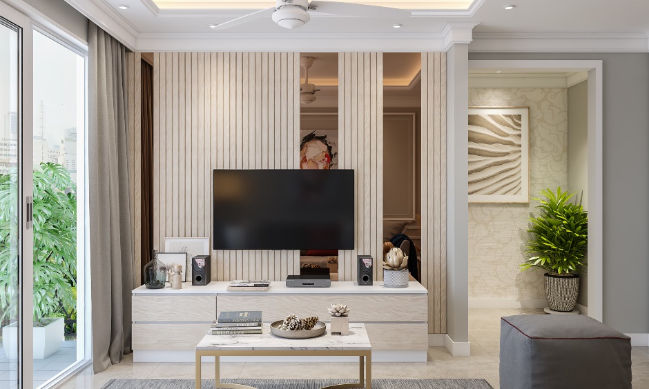 Classic living room with tv unit with handleless storage cabinets