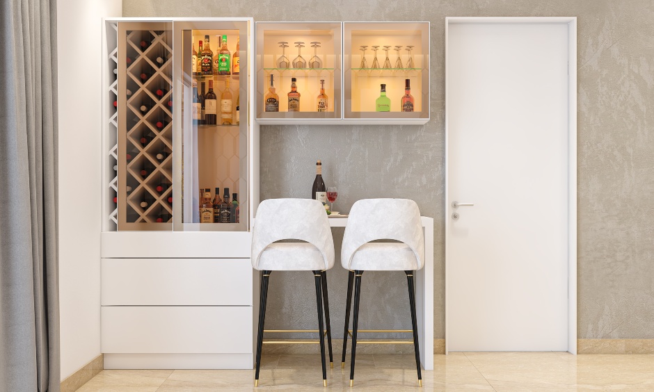 A Lavish Open Living Room Design With A Bar Unit - DesignCafe
