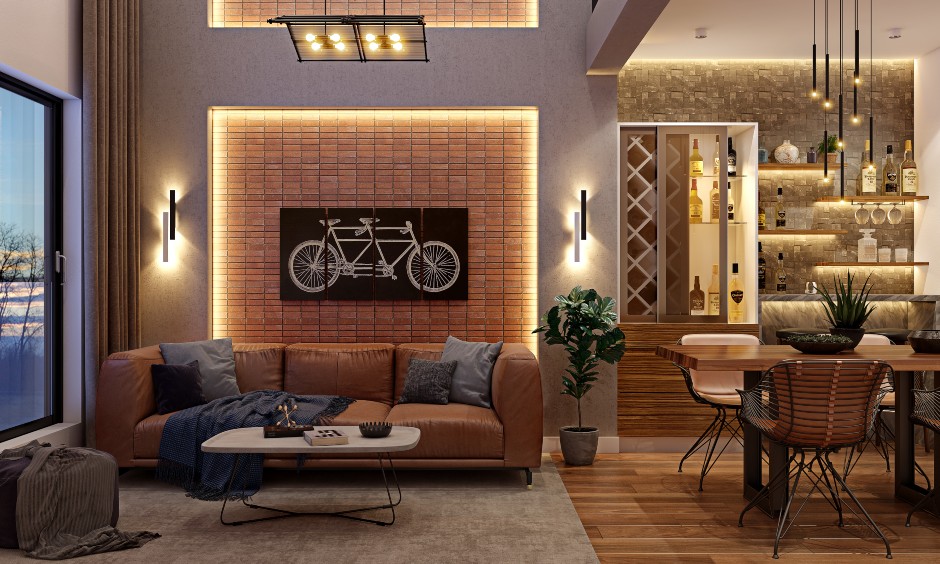 A Living Room Design With A Bar Unit And Brick Wall - DesignCafe