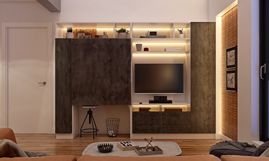 A Living Room Design With A Bar Unit And Brick Wall - DesignCafe