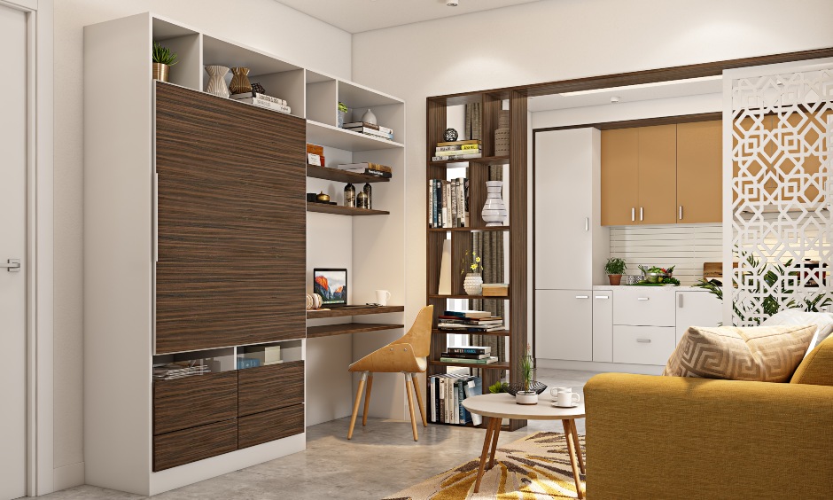 A Living Room Design With A TV Cum Study Unit For A Small Home - DesignCafe