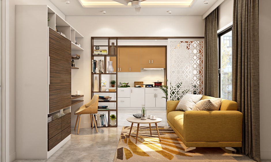 A Living Room Design With A TV Cum Study Unit For A Small Home - DesignCafe