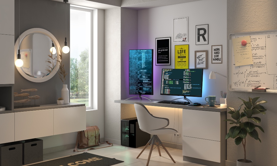 Modern home office design with a grey and white colour scheme