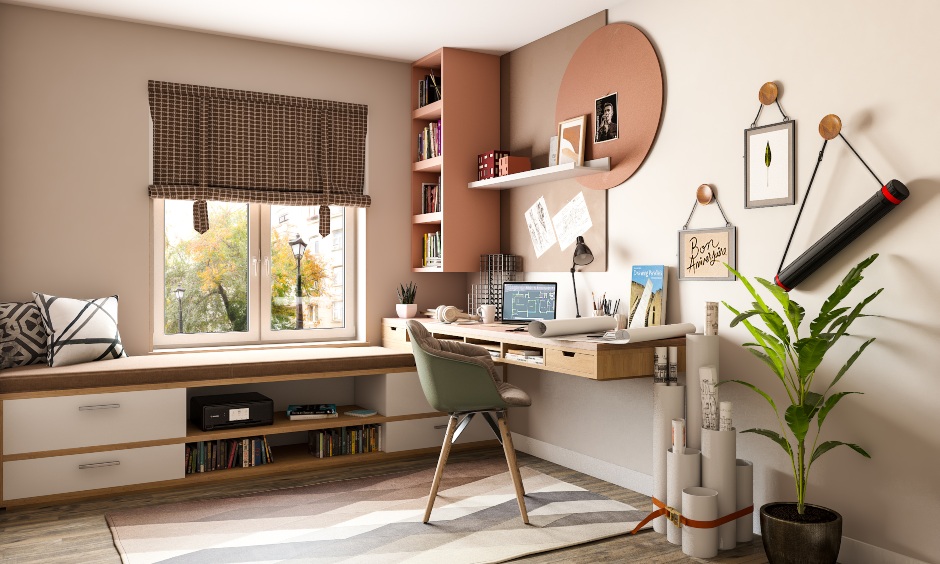 Spacious home office designed with a ledge