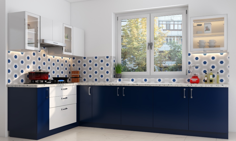 L-shaped modular kitchen design in blue and white