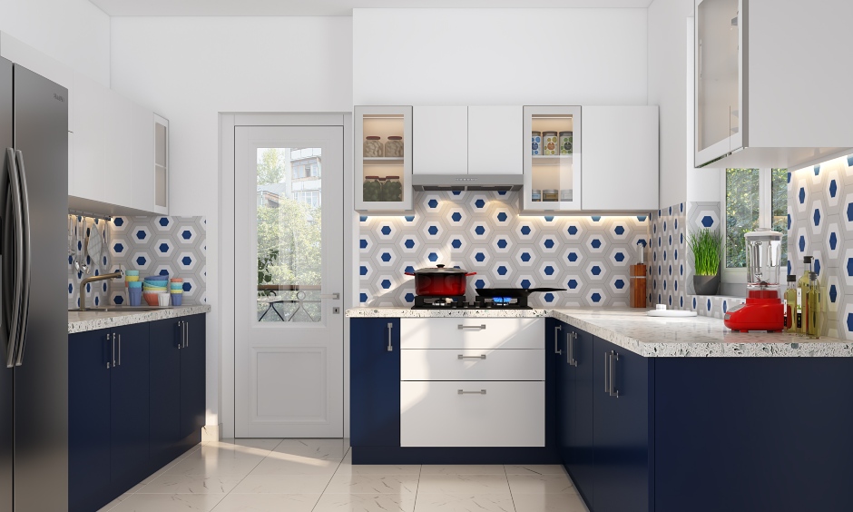 L shaped modular kitchen with base cabinets and sleek handles