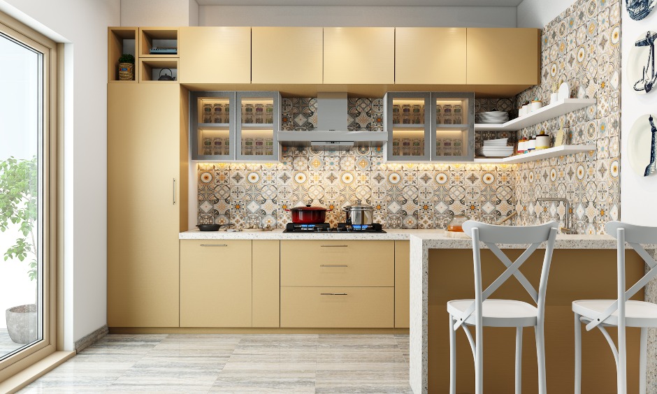Sleek modular kitchen with beige cabinets and open shelves
