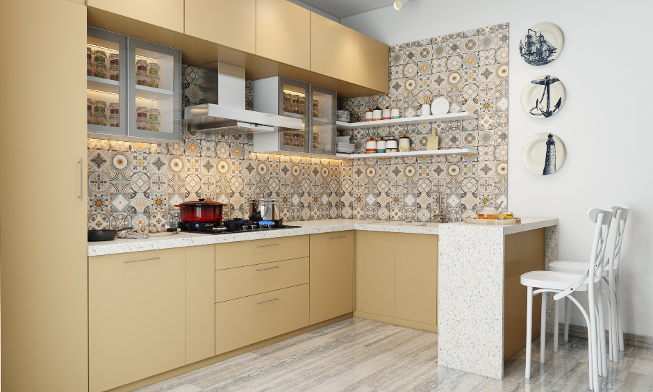 Sleek modular kitchen design with breakfast countertop