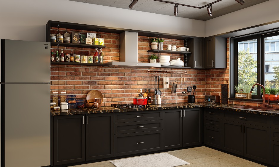 L shaped industrial style kitchen with marble countertop with hob
