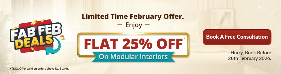 DesignCafe February 2026 offer: 25% off on modular interiors.