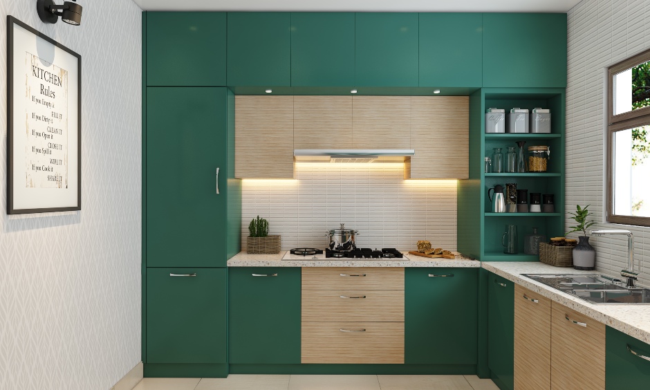 A Unique Green And White Modern Kitchen - DesignCafe