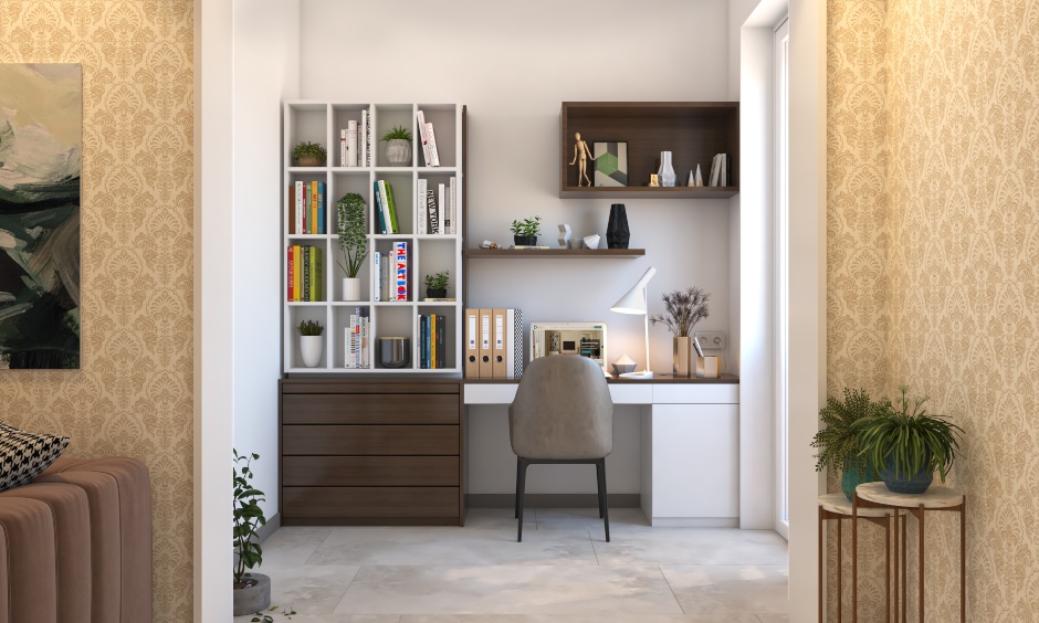 Home office desk in white and wooden theme with chest of drawers