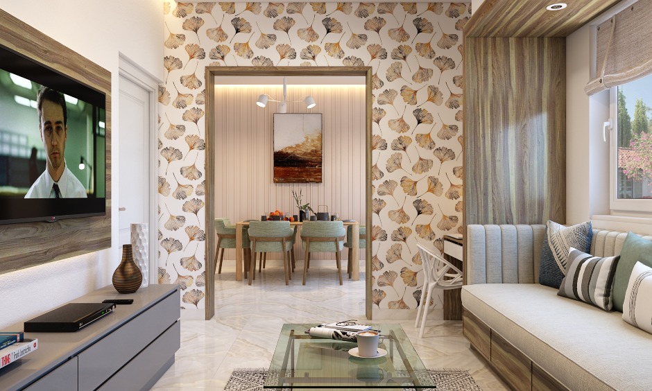 A Tasteful Living Room Design With A Striking Wallpaper - DesignCafe