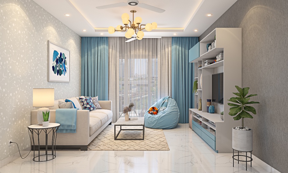 A Dreamy Blue And White Living Room Design - DesignCafe