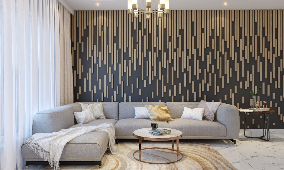 Best living room interior with a low beige corner sofa has been accessorised with throws and cushions