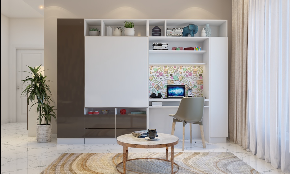 Living room home interior where the tv unit has a sliding door mechanism that conceals it when not in use