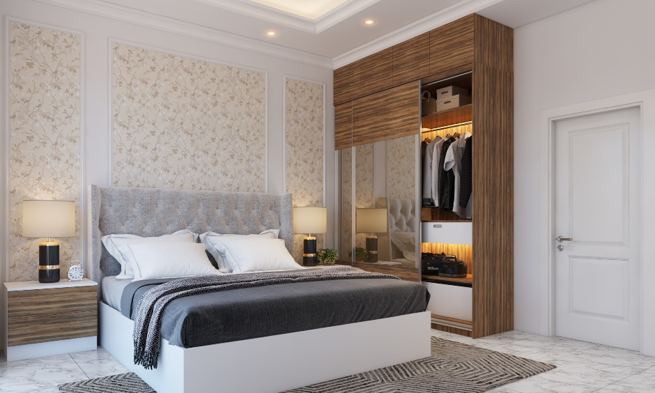 A Neutral Toned Bedroom With Classic Wall Moulding Design - DesignCafe