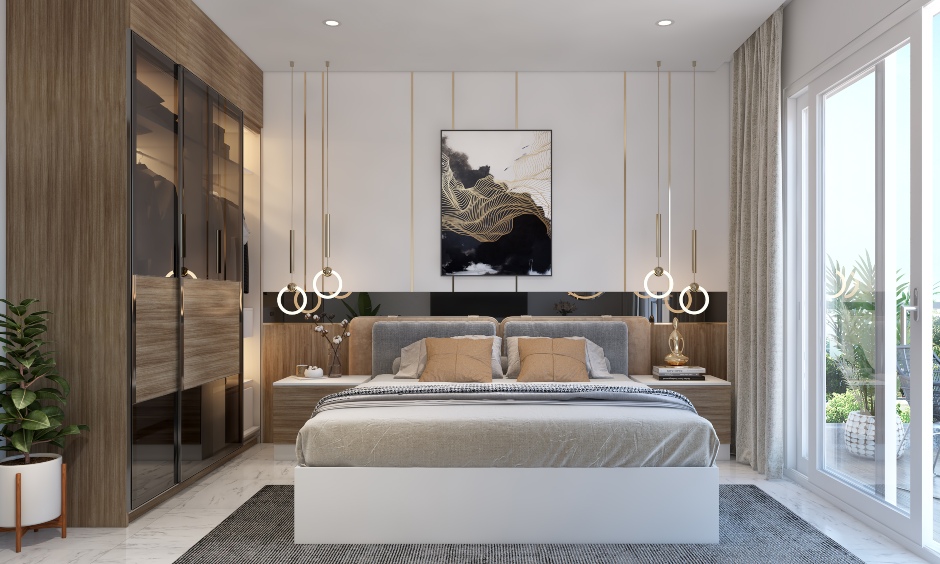 The luxury bedroom design features a floor-to-ceiling wardrobe with sliding doors finished with laminate and tinted glass