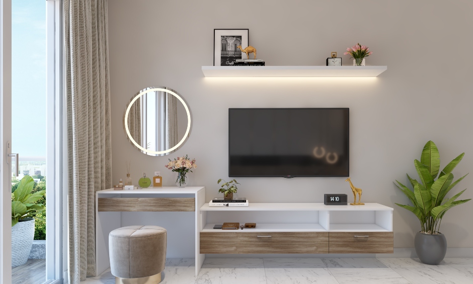 Modern luxury bedroom design with a tv cum dressing unit with floating shelf for a clutter-free look