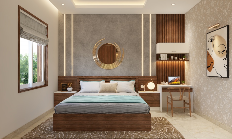 A Bedroom Designed With A Study & Stylish Wood Panelling - DesignCafe