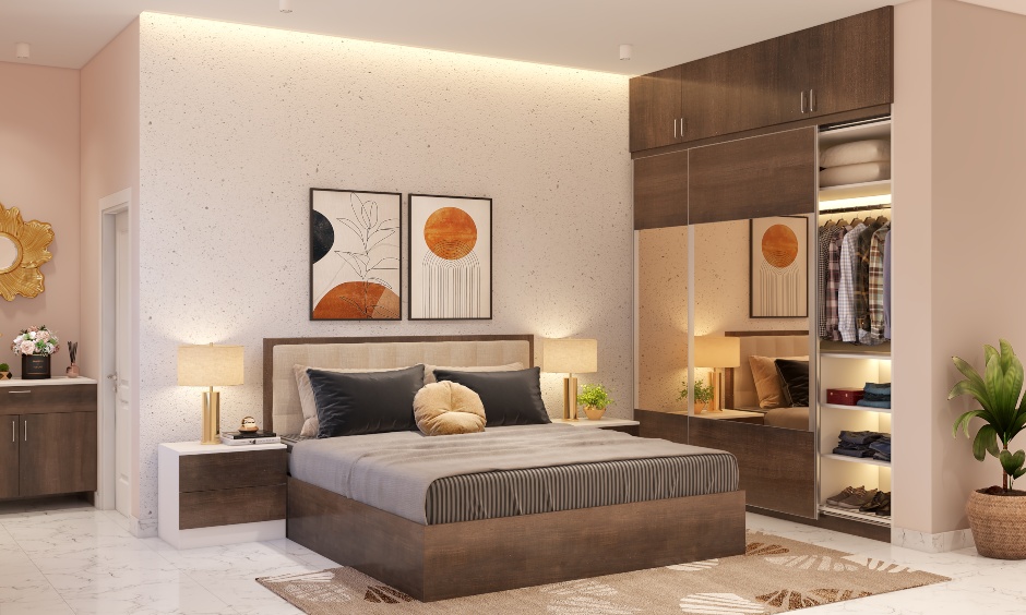 bedroom interior design images of wooden bed with a padded headboard that multiplies the comfort
