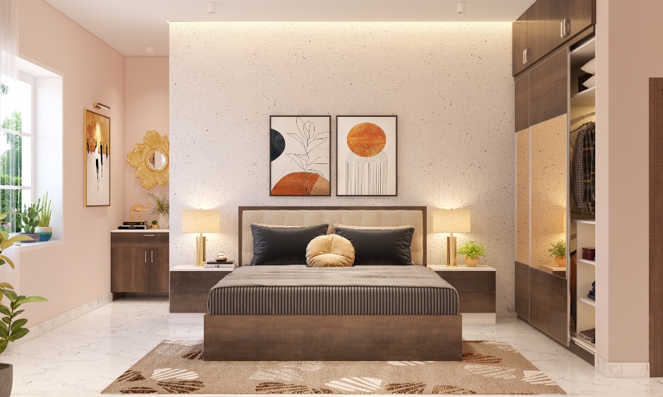 Bedroom interior design india with wooden wardrobe with glass front sliding doors and loft cabinets