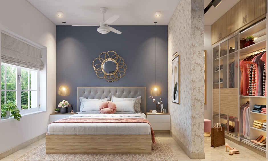 A Modern Bedroom Designed With A Stylish Walk-in Closet - DesignCafe