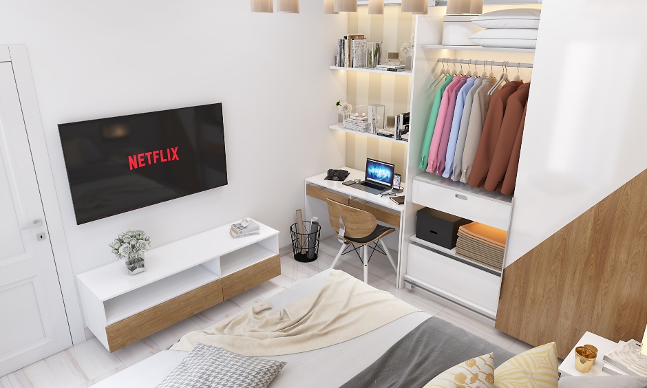 A Luxury Bedroom With A Wall-Mounted Study Unit - DesignCafe