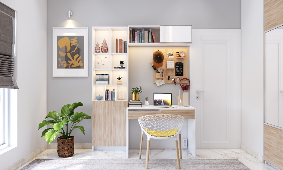 Study unit for Latest bedroom interior design images with wall-mounted cabinets and a bookshelf for easy storage