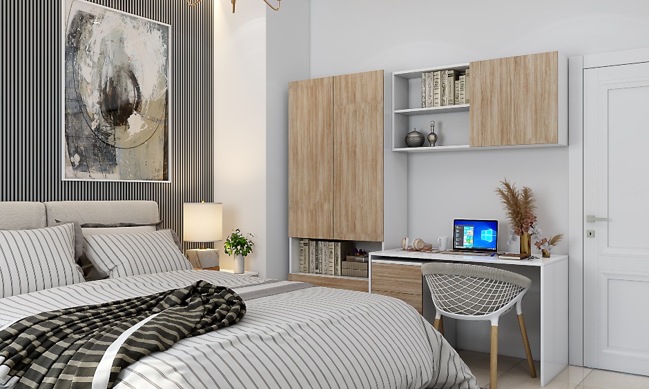 Bedroom study room design with floating shelves and bookshelf keeps things clutter-free
