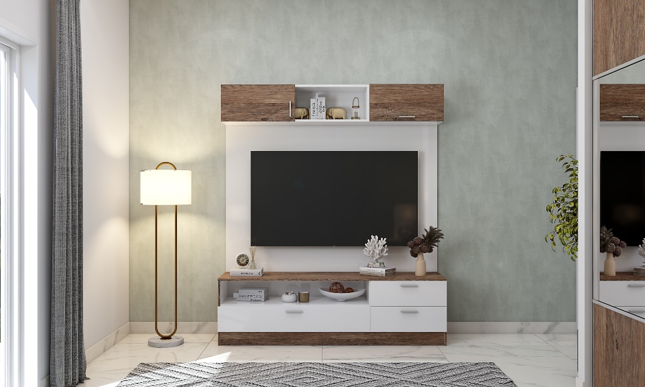 best bedroom designs with a wooden TV unit with open and closed cabinets