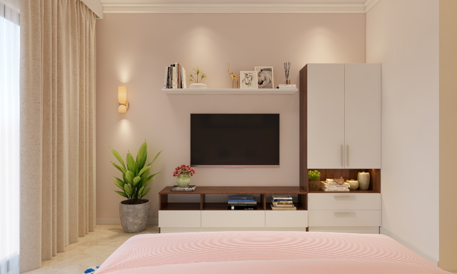 An Bedroom Designed With A Study Unit - DesignCafe