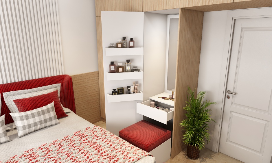 A modern space-saving wardrobe with a hidden dressing unit lends a luxurious look